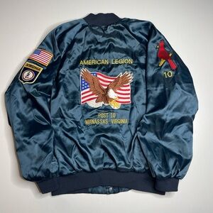Vintage 80s American Legion Post 10 Virginia Patches Blue Satin Bomber Jacket XL